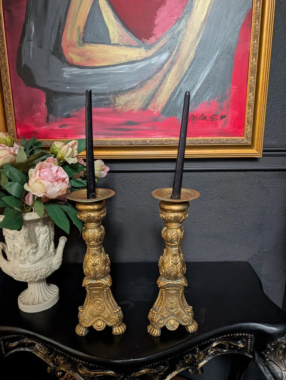 Vintage, set of 2,  Large Renaissance Style Gold Gilt Tripod Footed Large Candle